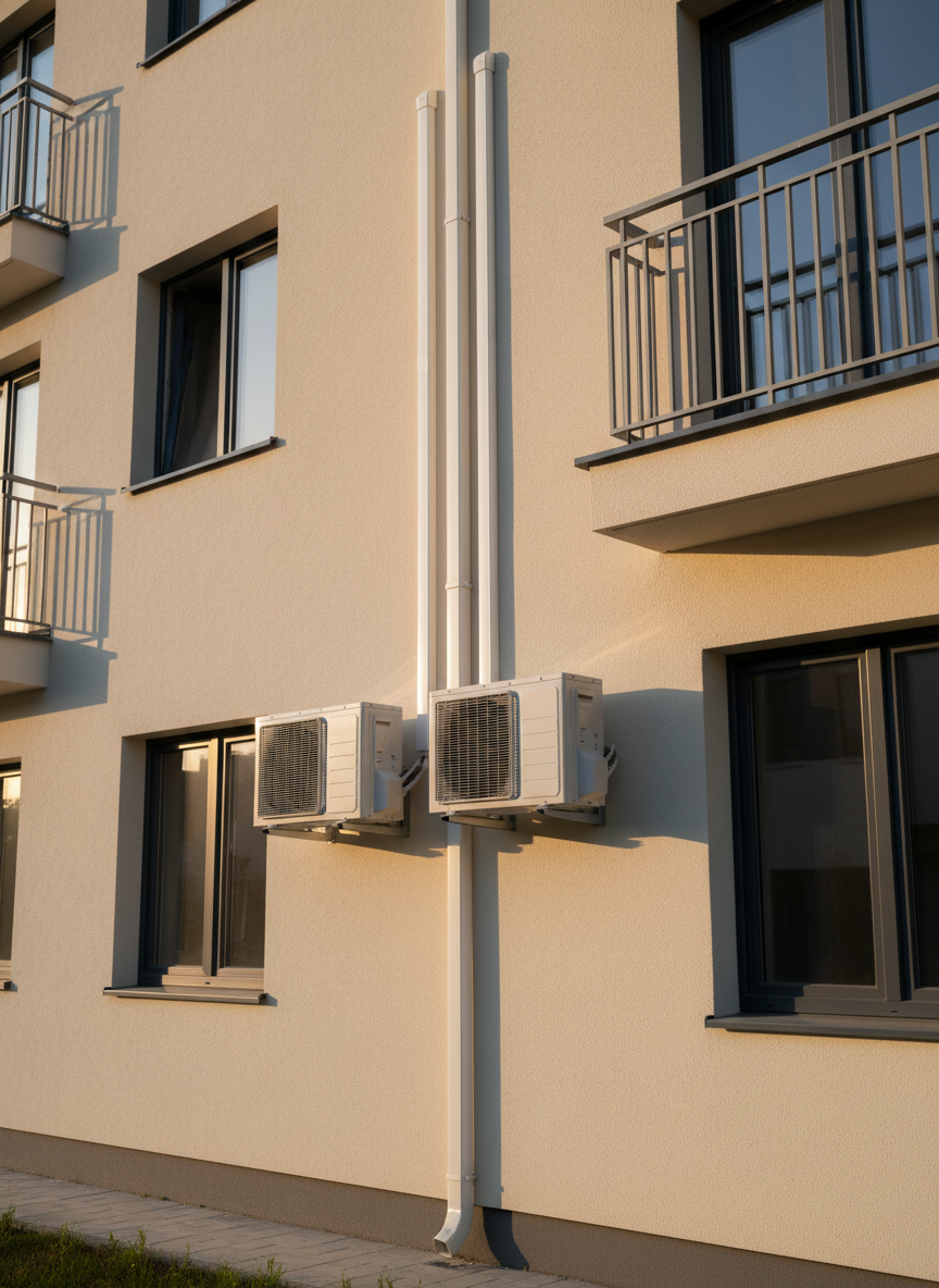 The facade of a contemporary residential building featuring a freshly installed external air conditioning system: two compact outdoor units with clean white casings mounted neatly on sturdy brackets, connected by carefully routed insulated refrigerant lines running along the wall inside a tidy PVC channel. The building exterior is finished in smooth, light-colored plaster with dark anthracite window frames and a small balcony with a minimalist metal railing. Late afternoon natural light bathes the scene in a warm glow, creating soft shadows that accentuate the neatness of the installation. Shot in photographic realism from street level with a slight upward angle, the composition highlights the discreet integration of climate control technology into the architecture, conveying professionalism, reliability, and attention to detail.
