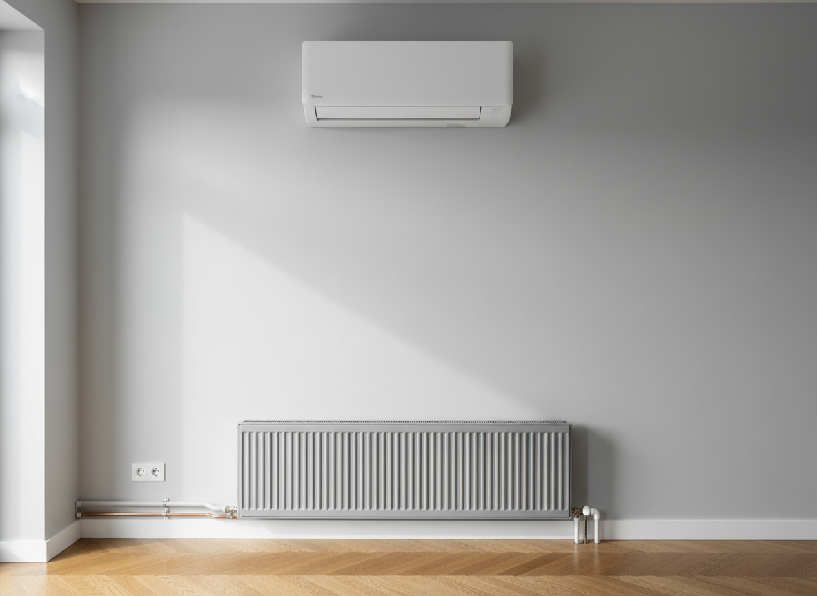 A pristine, newly installed wall-mounted air conditioning unit with a matte white finish and precise, clean edges, prominently displayed on a smooth light gray wall in a modern living room. Below it, a sleek radiator with finely spaced vertical elements runs along the baseboard, both connected by discreet, meticulously aligned copper and PVC piping. The floor is a warm oak parquet, polished to a gentle sheen. Soft, diffused daylight enters from an unseen window, casting subtle, elongated shadows that emphasize the craftsmanship. Shot at eye level with photographic realism and sharp focus throughout, the composition is balanced and uncluttered, conveying reliability, professional installation, and everyday domestic comfort in a clean, modern aesthetic.
