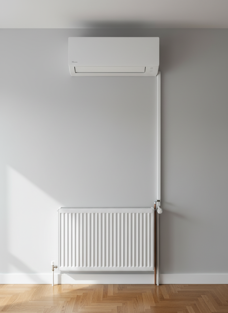 A pristine, newly installed wall-mounted air conditioning unit with a matte white finish and precise, clean edges, prominently displayed on a smooth light gray wall in a modern living room. Below it, a sleek radiator with finely spaced vertical elements runs along the baseboard, both connected by discreet, meticulously aligned copper and PVC piping. The floor is a warm oak parquet, polished to a gentle sheen. Soft, diffused daylight enters from an unseen window, casting subtle, elongated shadows that emphasize the craftsmanship. Shot at eye level with photographic realism and sharp focus throughout, the composition is balanced and uncluttered, conveying reliability, professional installation, and everyday domestic comfort in a clean, modern aesthetic.