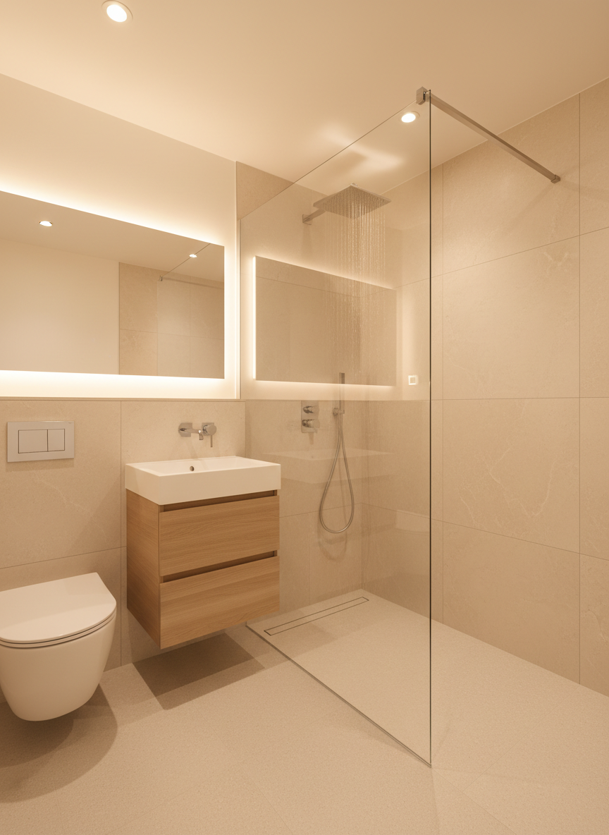 A bright, newly renovated bathroom with a luxurious walk-in shower featuring a frameless transparent glass enclosure, a large square rainfall showerhead in brushed stainless steel, and perfectly aligned chrome controls on a wall clad in large-format light stone tiles. The floor is a seamless, slightly textured porcelain in a soft sand color, gently sloping toward a linear drain. A wall-hung ceramic toilet and floating vanity with integrated white basin complete the scene. Warm, diffused ceiling spotlights and a concealed LED strip behind the mirror wash the surfaces with soft light, creating subtle reflections. Shot in photographic realism at a wide angle with sharp focus, the atmosphere is elegant, hygienic, and calm, capturing the essence of a "chiavi in mano" bathroom renovation.