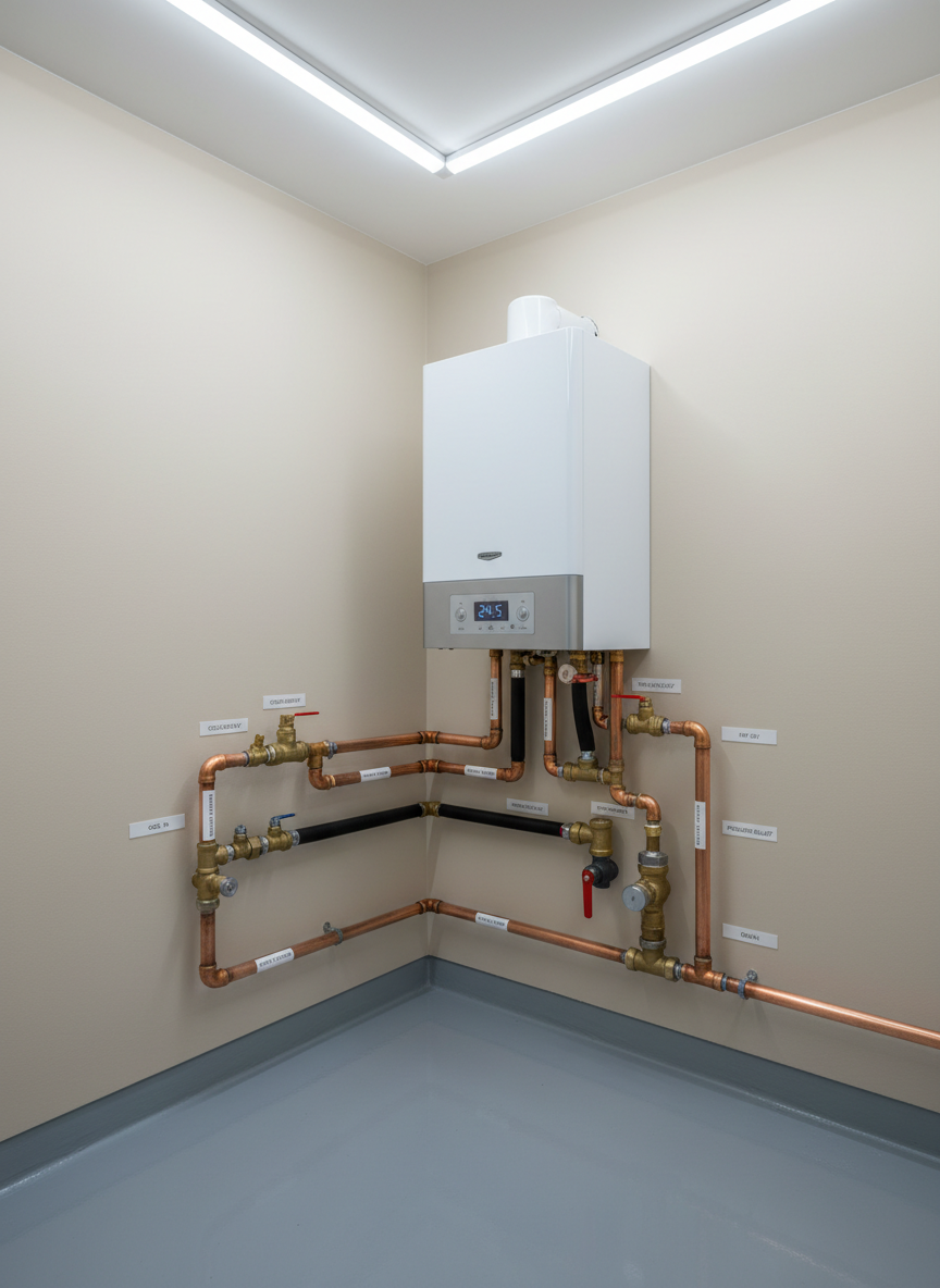 An immaculate boiler room corner showcasing a compact, high-efficiency wall-mounted gas boiler with a brushed white metal casing and clear digital display, surrounded by perfectly organized copper pipes, valves, and insulated lines. Each pipe bends with precise right angles and is carefully labeled, creating an impression of order and expertise. The walls are freshly painted in a light neutral tone, and the floor is coated with smooth gray epoxy. Cool, even LED ceiling lighting illuminates the scene with no harsh shadows, highlighting every connection. Captured in photographic realism from a slightly elevated angle, the composition emphasizes the technical beauty and reliability of professional termoidraulica work, evoking a mood of safety, cleanliness, and long-term durability.