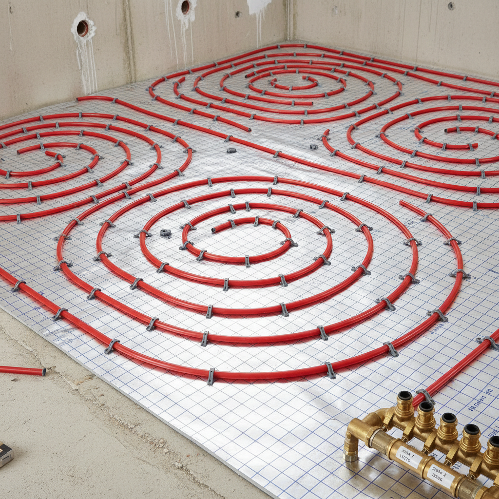 A detailed close-up of a section of underfloor heating installation in progress, showing bright red multilayer pipes carefully arranged in precise serpentine loops on top of reflective insulation panels marked with a subtle grid pattern. The pipes are secured with evenly spaced clips, and a partially visible manifold with labeled connections sits at the edge of the frame. The surrounding unfinished floor and raw concrete walls suggest an ongoing home renovation. Neutral construction lighting from above casts clear, functional illumination without dramatic shadows. Captured with photographic realism from a slightly elevated, diagonal angle, with sharp focus on the textures of plastic, metal, and insulation, the image conveys technical competence, planning, and the hidden comfort provided by professional termoidraulica systems.