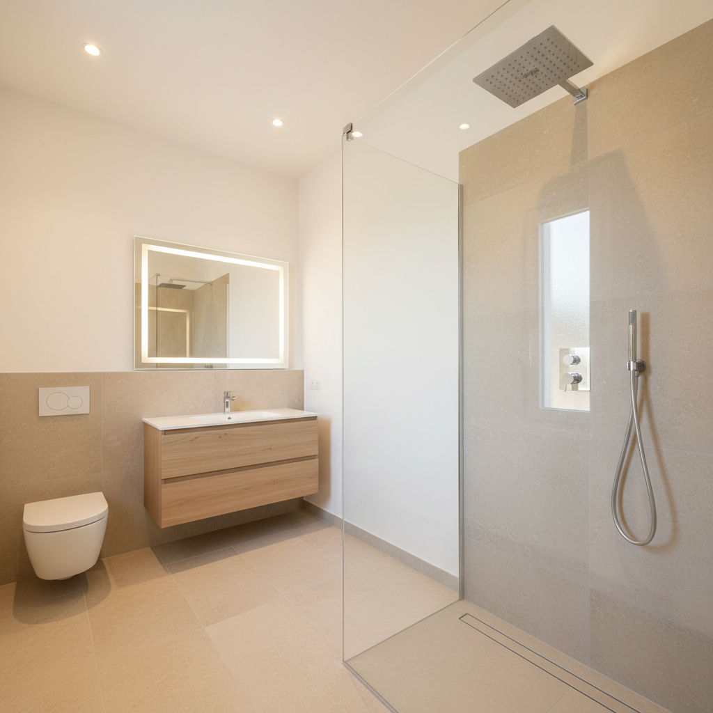 A bright, newly renovated bathroom with a luxurious walk-in shower featuring a frameless transparent glass enclosure, a large square rainfall showerhead in brushed stainless steel, and perfectly aligned chrome controls on a wall clad in large-format light stone tiles. The floor is a seamless, slightly textured porcelain in a soft sand color, gently sloping toward a linear drain. A wall-hung ceramic toilet and floating vanity with integrated white basin complete the scene. Warm, diffused ceiling spotlights and a concealed LED strip behind the mirror wash the surfaces with soft light, creating subtle reflections. Shot in photographic realism at a wide angle with sharp focus, the atmosphere is elegant, hygienic, and calm, capturing the essence of a "chiavi in mano" bathroom renovation.