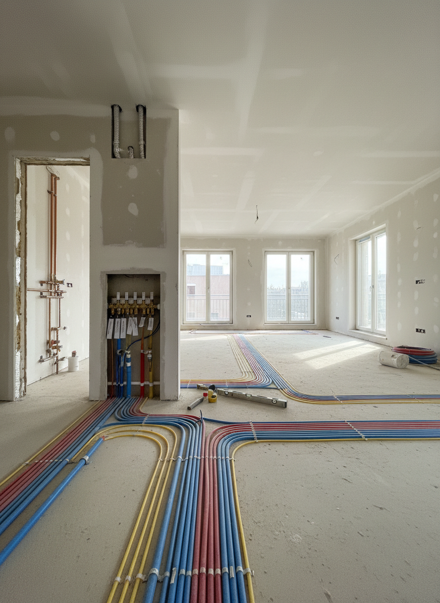 A spacious open-plan living area mid-renovation for a complete "chiavi in mano" makeover, showcasing exposed but impeccably organized termoidraulic systems. In the foreground, newly laid multilayer pipes and conduits are neatly aligned along the subfloor, branching towards future bathroom and kitchen areas. On a partially finished wall, a recessed manifold box with labeled valves and shutoffs is perfectly centered and level. The space has bare plaster walls and large windows that let in abundant natural daylight, casting soft, natural shadows over the work. Captured in photographic realism from a wide-angle, slightly elevated perspective, with crisp detail across the scene, the mood is optimistic and professional, emphasizing planning, precision, and the transformation of a house into a comfortable, efficient home.