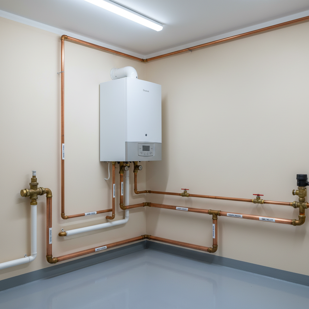 An immaculate boiler room corner showcasing a compact, high-efficiency wall-mounted gas boiler with a brushed white metal casing and clear digital display, surrounded by perfectly organized copper pipes, valves, and insulated lines. Each pipe bends with precise right angles and is carefully labeled, creating an impression of order and expertise. The walls are freshly painted in a light neutral tone, and the floor is coated with smooth gray epoxy. Cool, even LED ceiling lighting illuminates the scene with no harsh shadows, highlighting every connection. Captured in photographic realism from a slightly elevated angle, the composition emphasizes the technical beauty and reliability of professional termoidraulica work, evoking a mood of safety, cleanliness, and long-term durability.