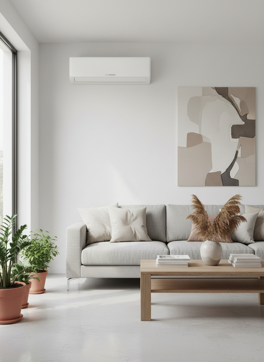 Un climatizzatore moderno installato in un soggiorno ordinato e luminoso, stile fotografico realistico, ambientazione domestica italiana, colori neutri e professionali